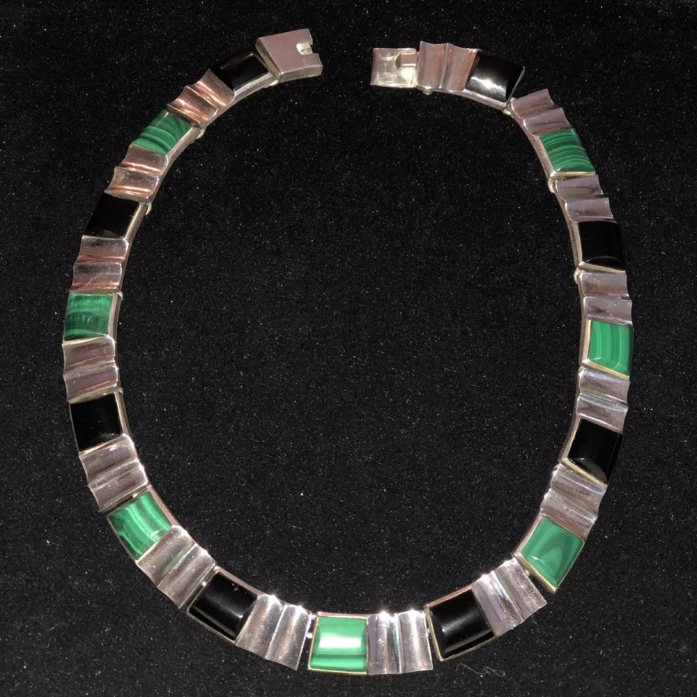 Vintage Collar Necklace Sterling Silver .950 Pure Gemstones Malachite & Onyx